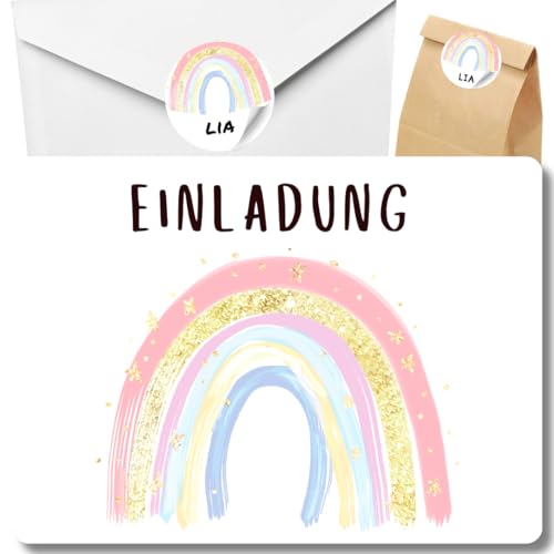 celebr8te 12x Einladungskarten mit Regenbogen Sterne Motiv - Für den Kindergeburtstag von Mädchen - Bunte Geburtstagseinladungen +12 Umschläge +24 Sticker +12 Geschenktüten von celebr8te