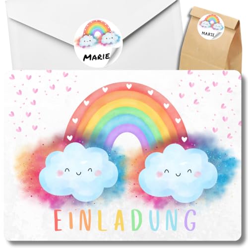 celebr8te 12x Einladungskarten mit Regenbogen Wolken Glitzer Motiv - Für den Kindergeburtstag von Mädchen - Bunte Geburtstagseinladungen +12 Umschläge +24 Sticker +12 Geschenktüten XL-Set von celebr8te