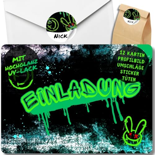 celebr8te 12x Graffiti Einladungskarten - Für den Kindergeburtstag von Jungen - grüne Neon Graffiti Geburtstagseinladungen + 12 Umschläge + 24 Sticker + 12 Geschenktüten von celebr8te