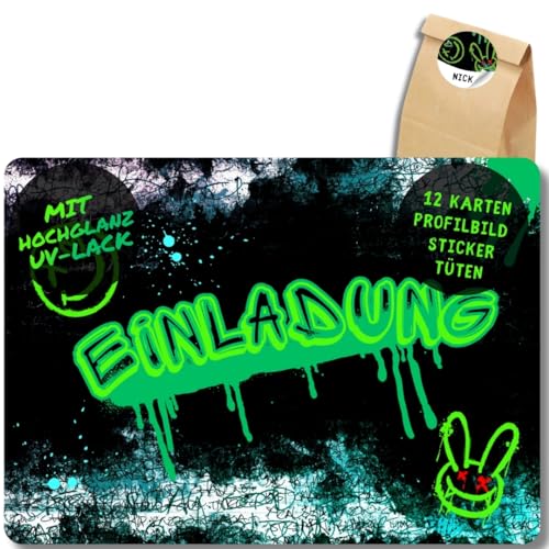 celebr8te 12x Graffiti Einladungskarten - Für den Kindergeburtstag von Jungen - grüne Neon Graffiti Geburtstagseinladungen +12 Sticker +12 Geschenktüten von celebr8te