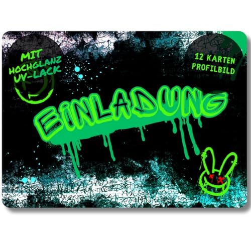 celebr8te 12x Graffiti Einladungskarten - Für den Kindergeburtstag von Jungen - grüne Neon Graffiti Geburtstagseinladungen inkl. Messenger Bild & Urlaubsgutschein von celebr8te