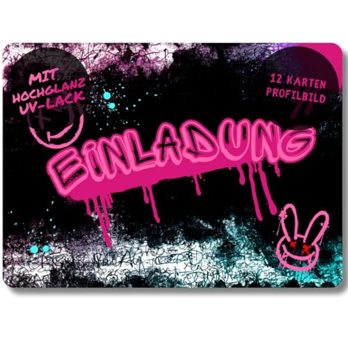 celebr8te 12x Graffiti Einladungskarten - Für den Kindergeburtstag von Mädchen - pinke Neon Graffiti Geburtstagseinladungen inkl. Messenger Bild & Urlaubsgutschein von celebr8te