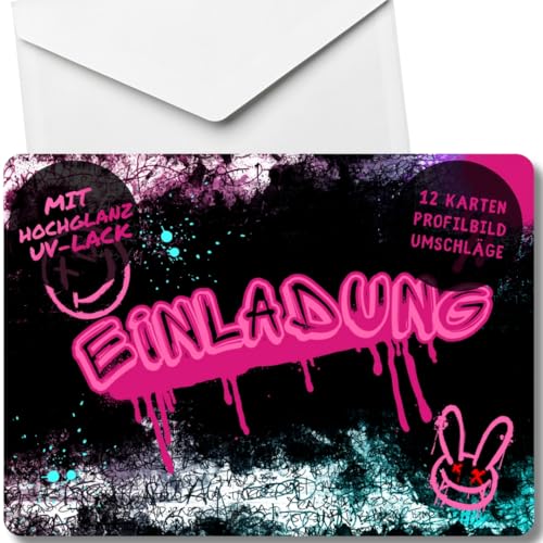 celebr8te 12x Graffiti Einladungskarten - Für den Kindergeburtstag von Mädchen - pinke Neon Graffiti Geburtstagseinladungen + 12 Umschläge (weiß) von celebr8te