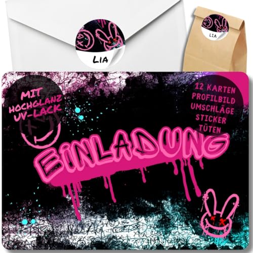 celebr8te 12x Graffiti Einladungskarten - Für den Kindergeburtstag von Mädchen - pinke Neon Graffiti Geburtstagseinladungen + 12 Umschläge + 24 Sticker + 12 Geschenktüten von celebr8te