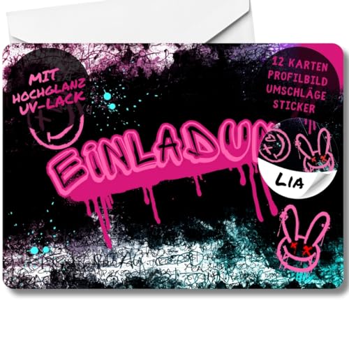 celebr8te 12x Graffiti Einladungskarten - Für den Kindergeburtstag von Mädchen - pinke Neon Graffiti Geburtstagseinladungen + 12 Umschläge + 12 Sticker von celebr8te