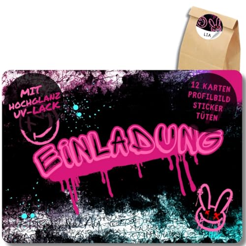 celebr8te 12x Graffiti Einladungskarten - Für den Kindergeburtstag von Mädchen - pinke Neon Graffiti Geburtstagseinladungen + 12 Sticker + 12 Geschenktüten von celebr8te