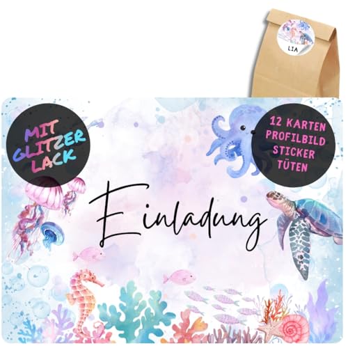 celebr8te 12x Meerestiere Glitzer Einladungskarten - Für den Kindergeburtstag von Mädchen - Partyeinladungen für Geburtstage mit Tiere aus dem Meer Design +12 Sticker +12 Tüten von celebr8te