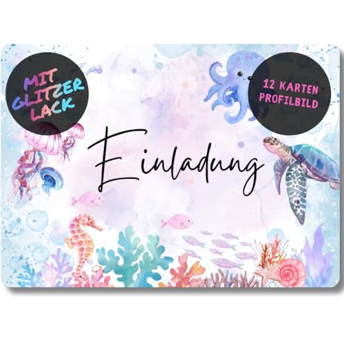 celebr8te 12x Meerestiere Glitzer Einladungskarten - Für den Kindergeburtstag von Mädchen - Partyeinladungen für Geburtstage inkl. Messenger Bild & Urlaubsgutschein von celebr8te