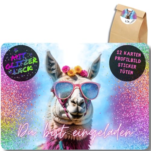 celebr8te 12x Party Lama Glitzer Einladungskarten - Für den Kindergeburtstag von Mädchen - Lustige Alpaka Geburtstagseinladungen +12 Sticker +12 Geschenktüten von celebr8te