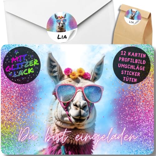 celebr8te 12x Party Lama Glitzer Einladungskarten - Für den Kindergeburtstag von Mädchen - Lustige Alpaka Geburtstagseinladungen +12 Umschlägen + 24 Sticker + 12 Geschenktüten von celebr8te