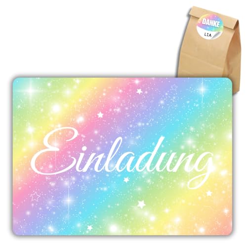 celebr8te 12x Glitzer Regenbogen Einladungskarten - Für den Kindergeburtstag von Mädchen - Glitzer Party Geburtstagseinladungen +12 Sticker +12 Geschenktüten von celebr8te