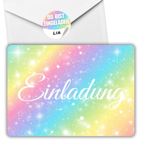 celebr8te 12x Regenbogen Glitzer Einladungskarten - Für den Kindergeburtstag von Mädchen mit hochwertiger Verarbeitung +12 Umschläge +12 Sticker von celebr8te