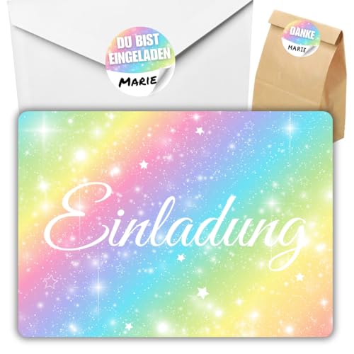 celebr8te 12x Regenbogen Glitzer Einladungskarten - Für den Kindergeburtstag von Mädchen mit hochwertiger Verarbeitung +12 Umschläge +24 Sticker +12 Geschenktüten von celebr8te