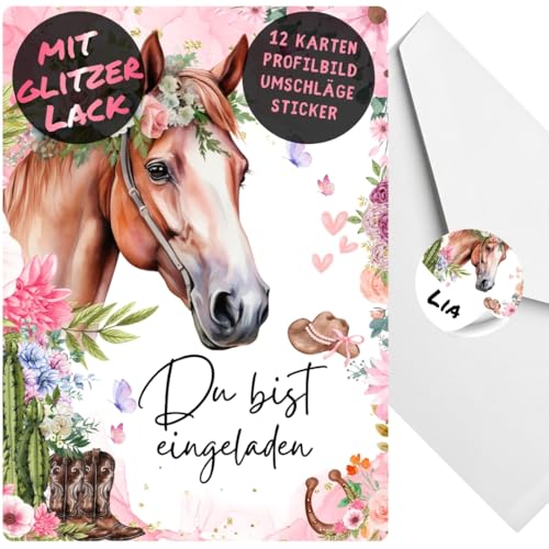 celebr8te 12x Pferde Glitzer Einladungskarten - Für den Kindergeburtstag von Mädchen - Partyeinladungen für Geburtstage mit Pferde Motiv + 12Umschäge +12 Sticker von celebr8te