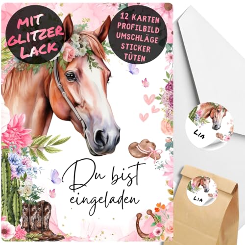 celebr8te 12x Pferde Glitzer Einladungskarten - Für den Kindergeburtstag von Mädchen - Partyeinladungen für Geburtstage mit Pferde Motiv +12 Umschäge +24 Sticker +12 Tüten von celebr8te