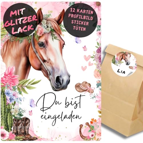 celebr8te 12x Pferde Glitzer Einladungskarten - Für den Kindergeburtstag von Mädchen - Partyeinladungen für Geburtstage mit Pferde Motiv +12 Sticker +12 Tüten von celebr8te