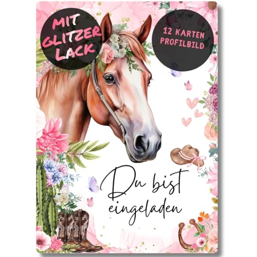 celebr8te 12x Pferde Glitzer Einladungskarten - Für den Kindergeburtstag von Mädchen - Partyeinladungen für Geburtstage inkl. Messenger Bild & Urlaubsgutschein von celebr8te