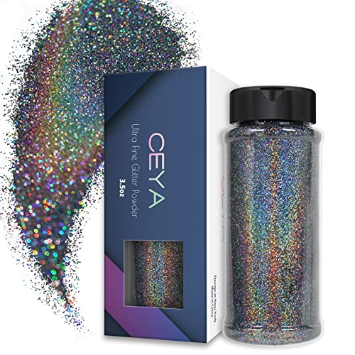 Ceya 100 g Holographic Ultra Fine Glitter Powder Laser Silver Grey Glitter 1/128 Zoll 0,008 Zoll 0,2 mm für Schleim Epoxidharz Craft Tumbler Jewelry Nail Art Festival Makeup Scrapbook Malerei Hochzeit von ceya