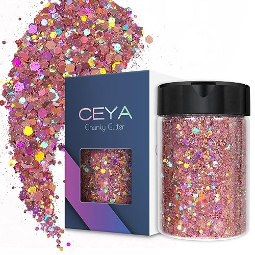 Ceya Holografischer grober Glitzer, 3.5oz/100 g, rosafarbenes Mauven-Glitzer-Puder, gemischte feine Flocken, schillernde Nagel-Pailletten für Epoxidharz, Becher, Schleim, Malerei, Festival-Dekoration von ceya