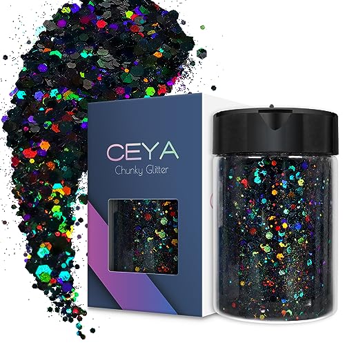 Ceya Holografischer grober Glitzer, 3.5oz/100 g, schwarzes Bastelglitzer-Pulver, gemischte grobe feine Flocken, schillernde Nagel-Pailletten für Epoxidharz, Becher, Schleim, Festival-Dekoration von ceya