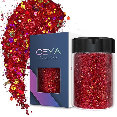 Ceya Holografischer grober Glitzer, 3.5oz/100g, weinrot, Bastelglitzer, gemischte feine Flocken, schillernde Nagel-Pailletten für Nagelkunst, Epoxidharz, Becher, Schleim, Malerei, Festival-Dekoration von ceya