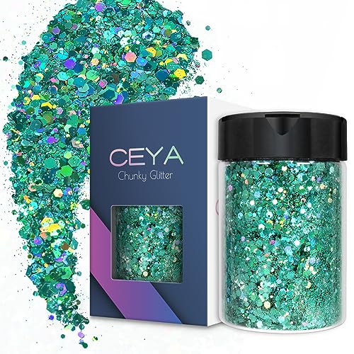 Ceya Holografischer grober Glitzer, 5.3oz/100 g, Frühlingsgrün, Bastelglitzer, gemischte grobe und feine Flocken, schillernde Nagel-Pailletten für Epoxidharz, Becher, Schleim, Festival-Dekoration von ceya