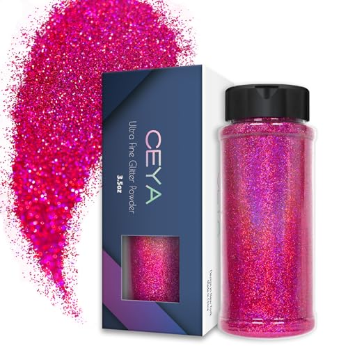 Ceya Holografischer ultrafeiner Glitzer, 3.5oz/100g, Laser Tiefrosa Glitzer 0,2 mm für Schleim Epoxidharz Bastelbecher Schmuck Nagelkunst Festival Make-up Malere von ceya