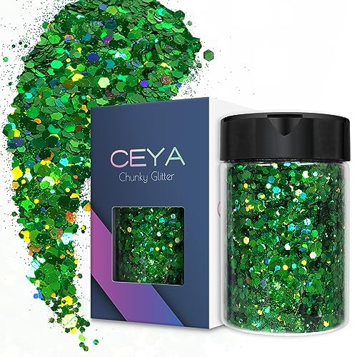 Ceya Holographischer grober Glitzer, 120 g, grünes Bastel-Glitzerpulver, gemischte dicke und feine Flocken, schillernde Nagel-Pailletten für St. Patricks Day Party-Dekor, Epoxidharz, Becher, Schleim von ceya