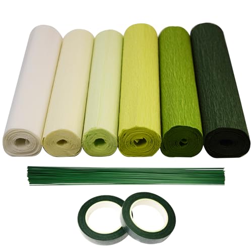 chaekoy Krepppapier, 6 Rollen, grünes Krepppapier, 25,4 cm breit, Krepppapier, Blumenherstellung, Set, grünes Blumenband und Blumenstieldraht für Hochzeit, Festival, Party, DIY Blumenhandwerk von chaekoy