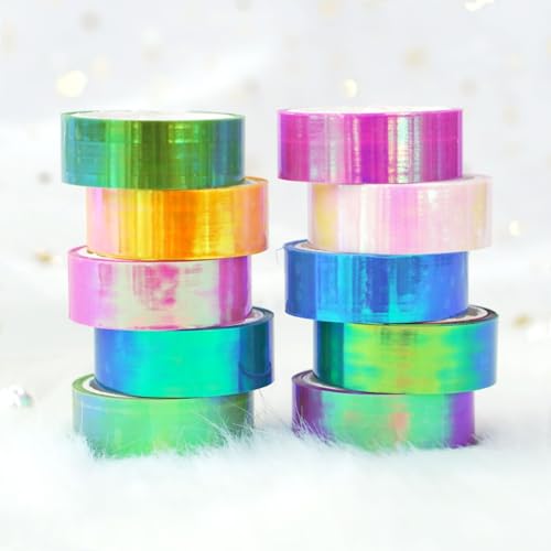 10 Rolle DIY Kreatives Schillernde Folie PE Tape Set, 3m Dekoratives Washi Tape Sticker, Scrapbook Zubehör Sticker, Mädchen Handbuch Washi Tapeskunstbuch-Aufkleber Klebeband (Regenbogen) von champracer