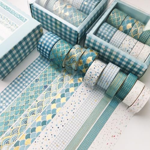 10 Rollens Washi Tape Set, Deko klebeband, Washi Tape Sticker 3m Masking Tapes Aesthetic Heißpräge-Kombi-Handbuchband für Bullet Journals Scrapbook (Blau,10 Roll, 3m) von champracer