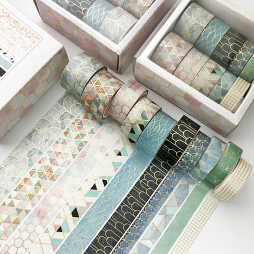 10 Rollens Washi Tape Set, Deko klebeband, Washi Tape Sticker 3m Masking Tapes Aesthetic Heißpräge-Kombi-Handbuchband für Bullet Journals Scrapbook (Geometrisch,10 Roll, 3m) von champracer