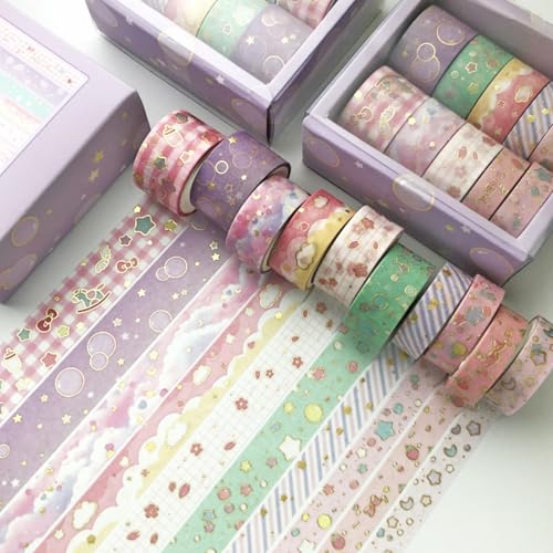 10 Rollens Washi Tape Set, Deko klebeband, Washi Tape Sticker 3m Masking Tapes Aesthetic Heißpräge-Kombi-Handbuchband für Bullet Journals Scrapbook (Karikatur,10 Roll, 3m) von champracer