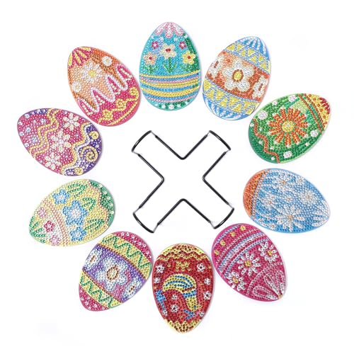 10 Stück Ostern Diamond Painting Untersetzer, Diamond Painting Untersetzer mit Halter, DIY Ostern Diamond Untersetzer rutschfest für Anfänger, Erwachsene & Kinder (Farbe) von champracer