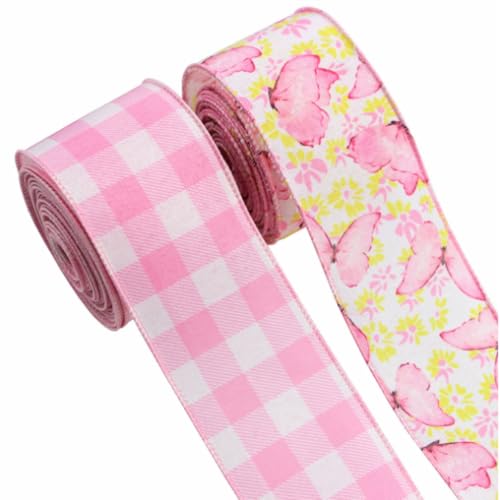 2 Rollen Ribbons Rosa Schmetterling Blumenbänder, 6,3 cm Deko Kranz Frühling Geschenkblumenband Karierten Bogen Band DIY Handwerk Geschenk Party Bogen Dekoration (Band) von champracer