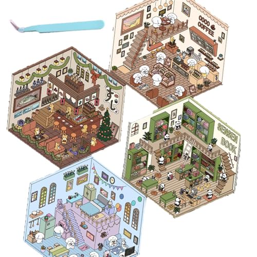 4 Sets DIY 3d House Stickers, Fun DIY Stickers Scene, DIY Stickers Scene Make Your Own Supermarket, Sticker Scenes for Adults, DIY Cozy Little Home House Scene Stickers Quiet Book (4 Sets-A) von champracer