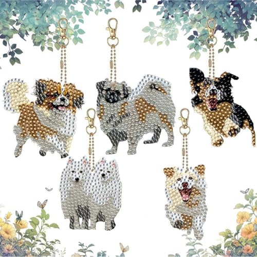 5 Stück DIY Tier Diamond Art Painting Schlüsselanhänger, Doppelseitig Welpe 5D DIY Diamant Malerei Schlüsselanhänger, Handwerk Mosaik Diamant Kunst Anhänger für Frauen Mädchen Rucksack (Hund) von champracer