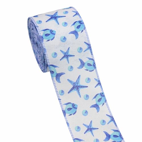 6 cm Breit Dekoband mit Blauer Schmetterling Seestern Urlaub Erfrischend Frisch, 5 Yards Lang Band, Landhausstil Ribbons für DIY Geschenkdeko, Kranz, Handwerk, Schleifenherstellung (Seestern) von champracer