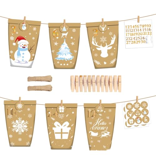 Adventskalender TüTen, Adventskalender TüTen Zum BefüLlen, 24 Weihnachtskalender PapiertüTen Zum Selber Basteln, KraftpapiertüTen Advents TüTen SelbstbefüLlen Mit Zahlenaufkleber (1 set) von champracer