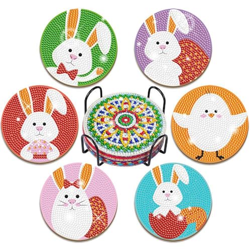 Bunny Diamond Painting Untersetzer 6 Set, DIY Bunny Untersetzer, Easter Diamond Art Coasters für Erwachsene Kinder Anfänger Bastelset (A) von champracer