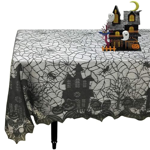 Halloween Tischdecke mit schwarzem Spinnennetz & Fledermaus Design Boho Schwarz Stickerei Spitze Tischläufer für Halloween Party Halloween Tischdeko Halloween Küchendeko von champracer