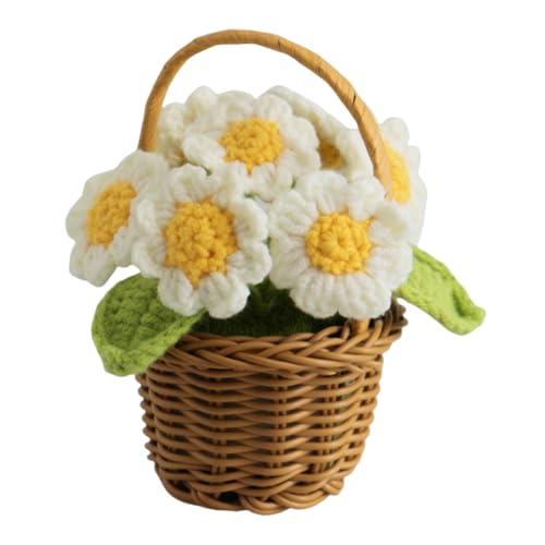 Künstliche Blume Häkelblumen Topfpflanze, Handgefertigt Gestrickte Mini-Topfpflanzen künstliche Blumen Kleine Handgefertigte Häkelblume Büro- und Heimdekoration (14*9cm,Gänseblümchen Gelb) von champracer