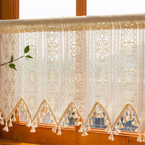 Scheibengardinen Landhausstil, Häkelgardine Bistrogardine Vintage Halbe Gardinen Fenster, Scheibengardinen Boho Leinen Kurzgardine Weihnachten Mit Fransen Für Kleine Fenster (BxH 180x90 cm) von champracer