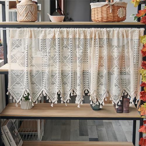 Scheibengardinen Transparent mit Stickerei Landhausstil Kurzgardine Boho Kurze Hohle Stickerei Vorhänge, Küchengardinen für Esszimmer Badezimmer Klein Fenster (1 Stüick, BxH 130x60 cm,Beige) von champracer