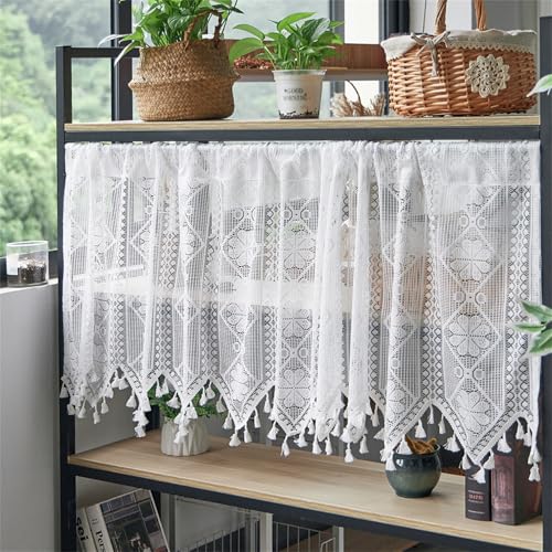 Scheibengardinen Transparent mit Stickerei Landhausstil Kurzgardine Boho Kurze Hohle Stickerei Vorhänge, Küchengardinen für Esszimmer Badezimmer Klein Fenster (1 Stüick, BxH 130x60 cm,Weiß) von champracer