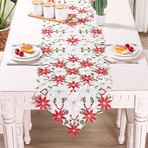 TischläUfer Weihnachten, Lang Rechteckige Weihnachtstischdecke Groß Abwaschbare Tischdecke Weihnachten Weihnachtsblume Tischfahne Hohl Besticktes Tischset FüR Tischdekoration (Weiß,28 * 43 cm) von champracer