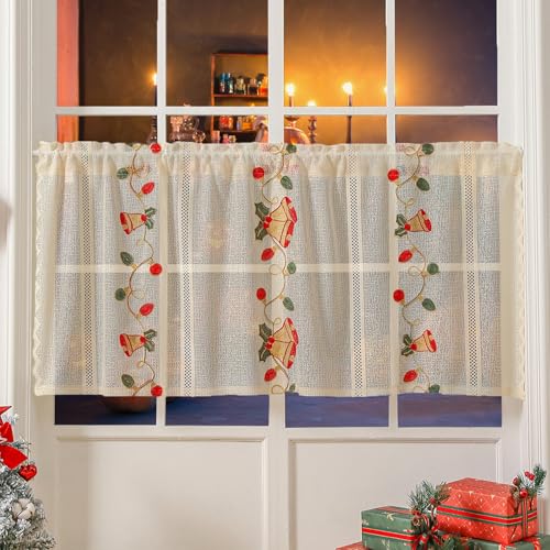 Weihnachten Scheibengardine Scheibengardinen mit Muster Voile Bistrogardine, Kurzgardine Kurzstores Küche Blickdicht Hellbeige Halb Transparent Stores Gardinen Fenster Fleine (B140 x H100 cm) von champracer