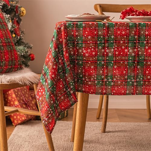 Weihnachten Tischdecke Weihnachten Schneeflocken Karierte Tischdecke wasserdichte Lang Rot Weihnachtsläufer Weihnachtstischdecke für Weihnachten Tisch DEK (B,90 * 90 cm) von champracer