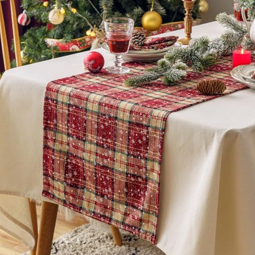 Weihnachtstischläufer Rot, Waschbar, Bauernhaus-Tischläufer, Weihnachten, Kariert Tischdecke, Old Celtic britischen,Weihnachten Kariert Schneeflocke Urlaub Dekoration Tischtuch (Rot,40*180 cm) von champracer