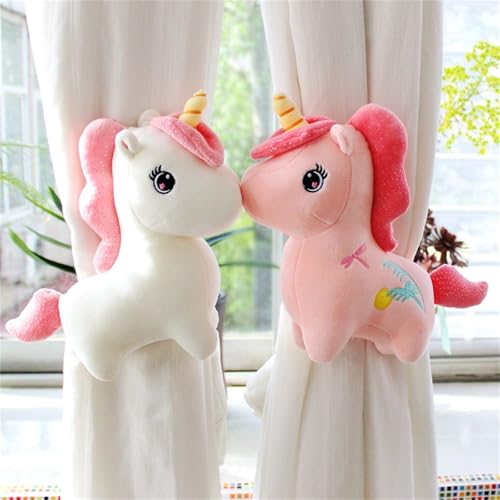 champracer 2 Stück Kreative Einhorn Cartoon Vorhang Schnalle niedlich, Niedliche Vorhang-Raffhalter,für zu Hause, Wohnheim, Büro, Kinderzimmer Dekorative (weiß + rosa,25 cm) von champracer